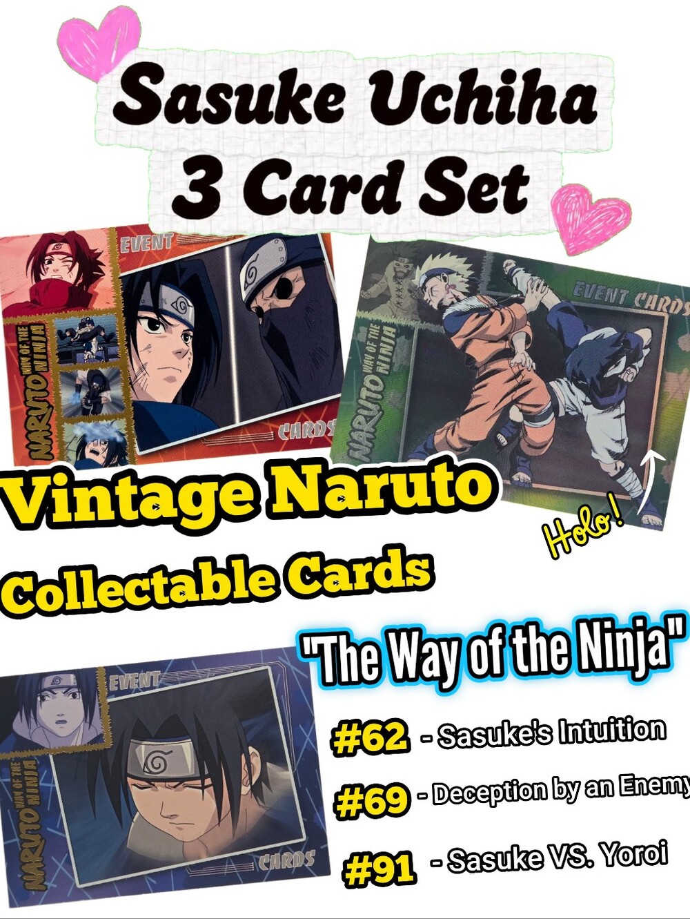 Vintage 2002 Naruto Panini CCG Sasuke Uchiha Collection FOIL 3 Card Lot NM/MINT
